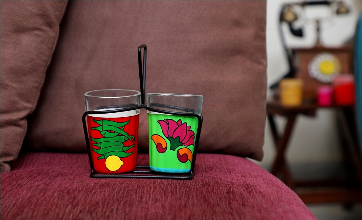 TopsyTurvy Lotus Flowers and Nimbu Mirchi Theme Hand Painted Traditional Tapri Tea Glasses with Iron Container Stand Holder (Set of 2, 90ml) 3