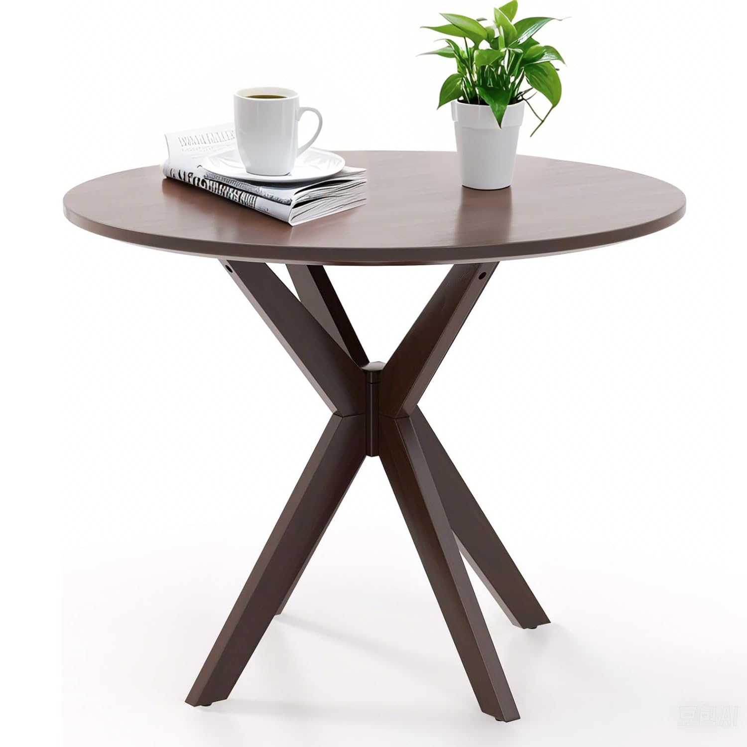 COSTWAY 36" Round Dining Table, Solid Wood Kitchen Table with Intersecting Pedestal Base and Adjustable Foot Pads for Home, Office, Small Space, Cafe,