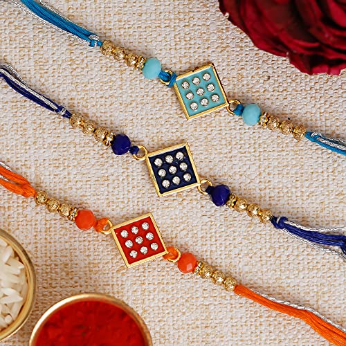 Image of eCraftIndia Set of 3 Pearl Diamond Rudraksha Designer Rakhis for Brother Bhaiya Bhai | Roli Chawal Pack | Raksha Bandhan Rakhi