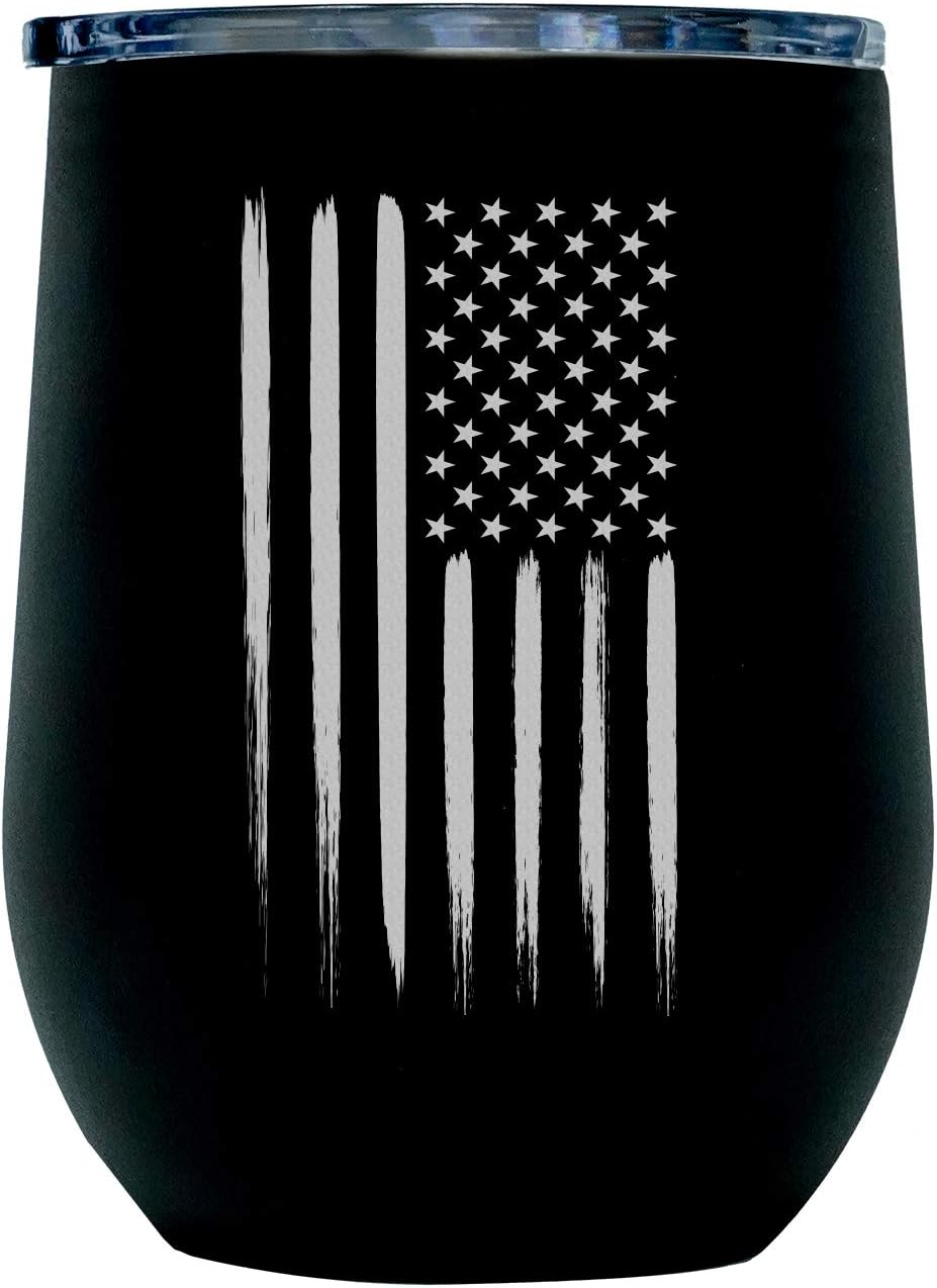 Military Gift Shop USMC Steel Stemless Wine Glass Tumbler, 12 oz Double Wall Vacuum Insulated Outdoor Tumbler–Black with Marine Corps logo | USMC Wine 12oz