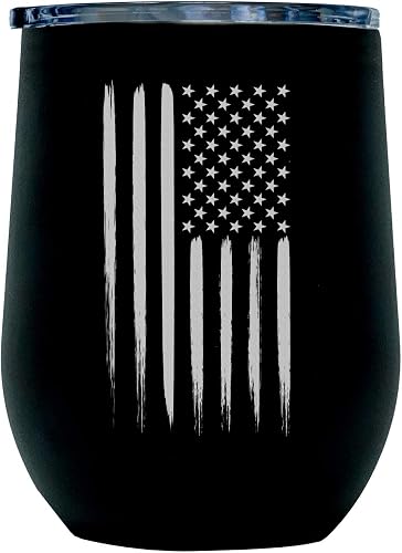 Military Gift Shop Outdoor American Flag Vacuum Insulated Wine Tumbler with Lid, Stainless Steel Glass 12oz - Double Wall Stemless Metal Cup | Flag 12oz Wine Tumbler