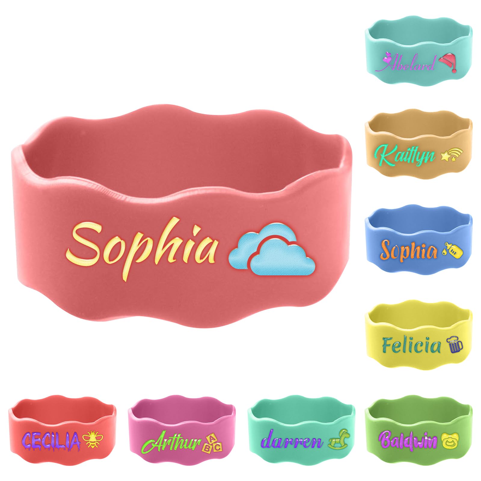 1 Pcs Personalised Water Bottle Name Bands, Waterproof Bottle Labels, Cute Bottle Tag Printable Name Sippy Cup Strap Elastic Silicone Daycare Labels