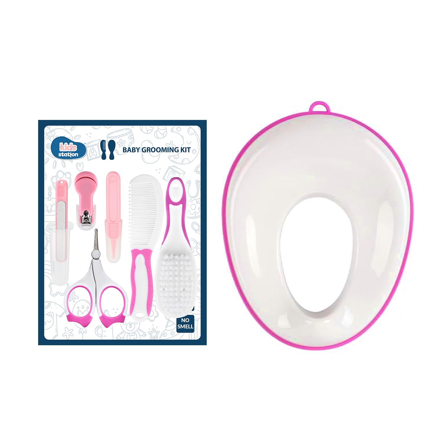 Kids Station Portable Baby Potty Training Seat with 7 Piece Baby Grooming Kit - Potty Training Seat for 1+ Year child - Nail Cutter, Rounded Scissors, Nail Filer, Tweezer, Comb and Hair Brush (Pink)
