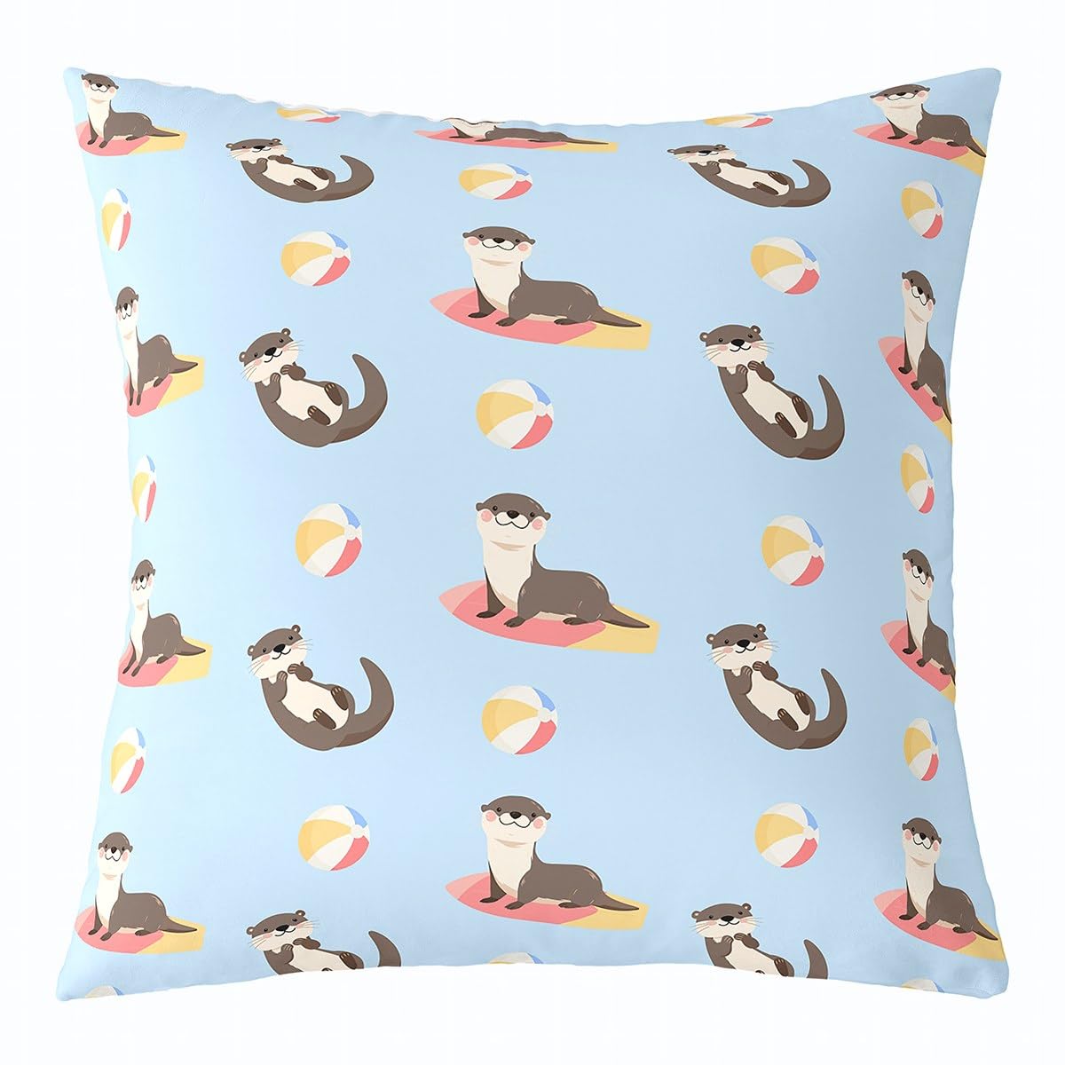 Cartoon Otter Kids Pillow Cover Colorful Ball Surfboard Summer Theme Cushion Cover for Boys Girls Teens Cute Kawaii Wild Animals Cushion Case for Bedroom Chairs 18x18 Inch