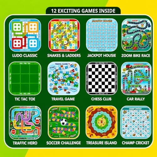 Image of Wishkey 12 in 1 Family Board Games for Kids 5+ Years Travel Board Game Set with Ludo, Snakes & Ladders, Chess, Tic Tac Toe, Housie & 7 More Games Educational Indoor Games for Boys, Girls & Family