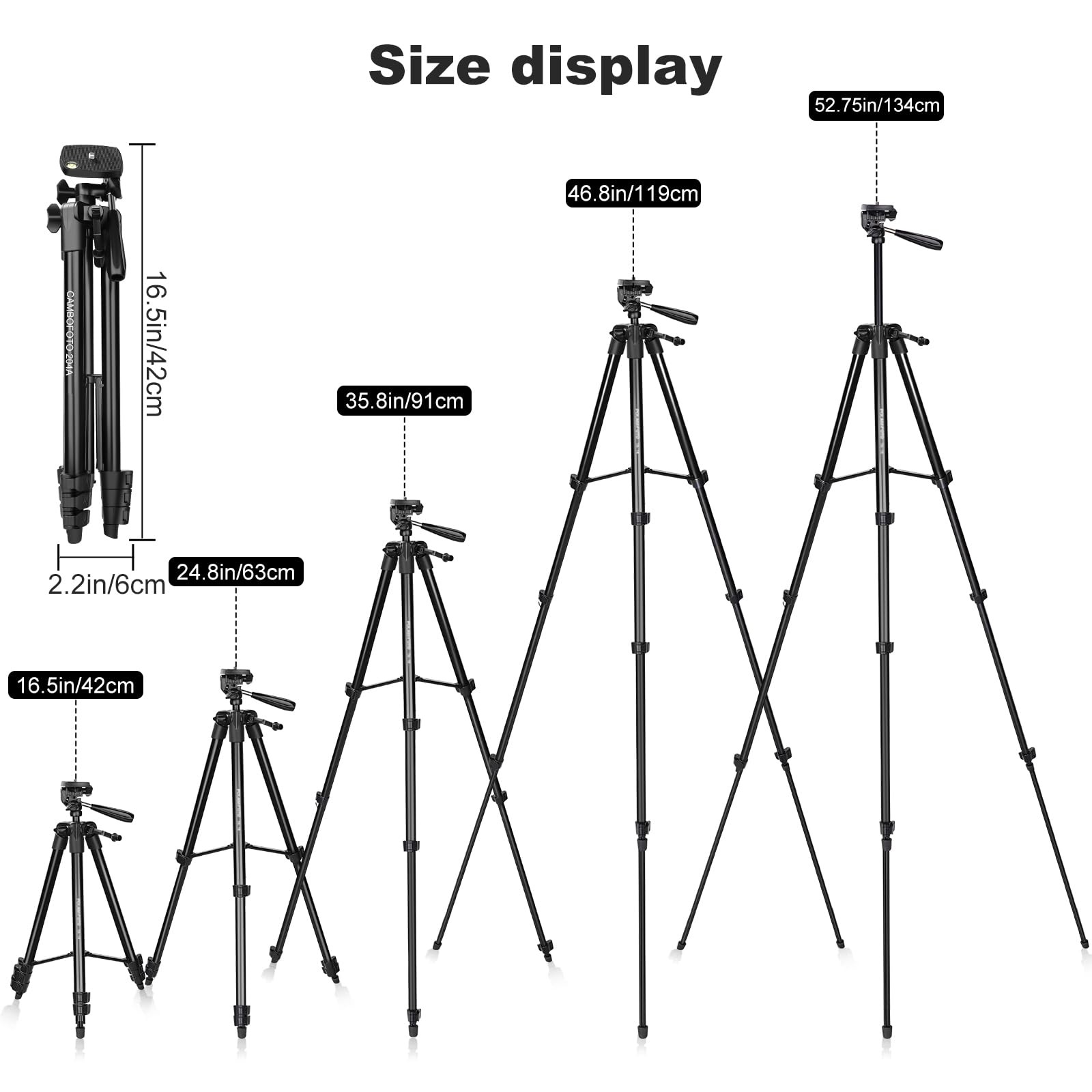 CAMBOFOTO Trépied Léger de 135 cm pour Téléphone, avec Support de Téléphone, Compatible avec iPhone et Autres Smartphones Android, Les Reflex Numériques et Les Cameras sans Miroir