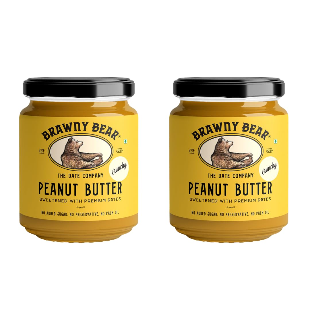 Brawny Bear Peanut Butter Crunchy, Natural Sweetened with Dates, Healthy Nut Butter with No Added Sugar and Preservatives, Vegan, High in Protein Spread – 500 gm