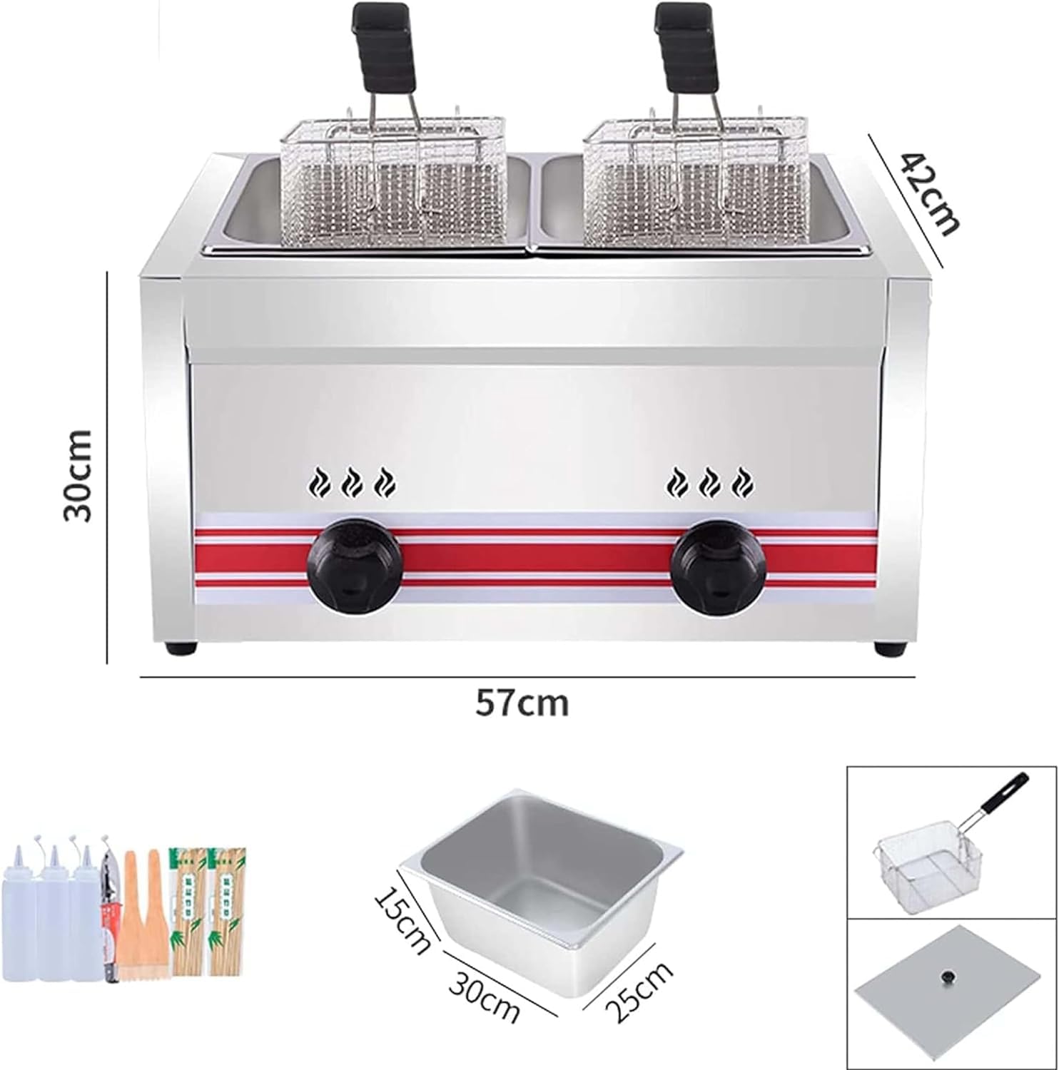 Friggitrice a Gas Grande Capacità 10L/20L/30L,Friggitrice in Acciaio Inossidabile,Potenza Fuoco Regolabile, Con Cestelli E Coperchi,Per Patatine Ciambelle Pesce (Doublecylinder10l+10l)