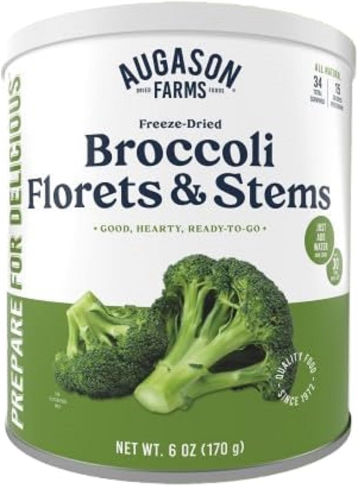 Freeze Dried Broccoli Florets and Stems Emergency Food Supply, 34 Servings, 30 Year Shelf Life, Good Source of Vitamin C - Dehydrated Meals, Survival Food Camping Essentials Can