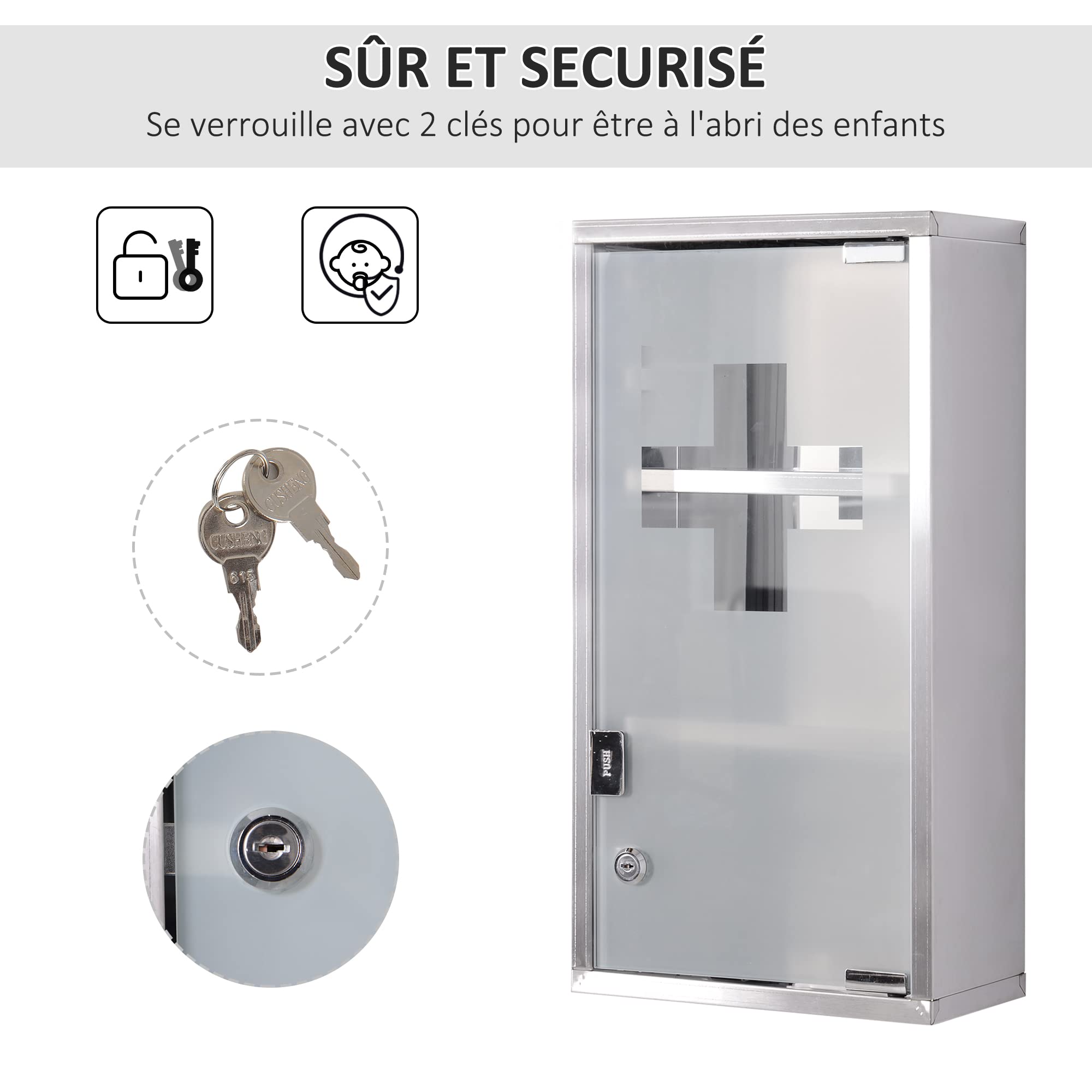 HOMCOM Armoire à Pharmacie 2 étagères 3 Niveaux verrouillable Porte Verre trempé dépoli Logo Croix 25L x 12l x 48H cm Acier INOX