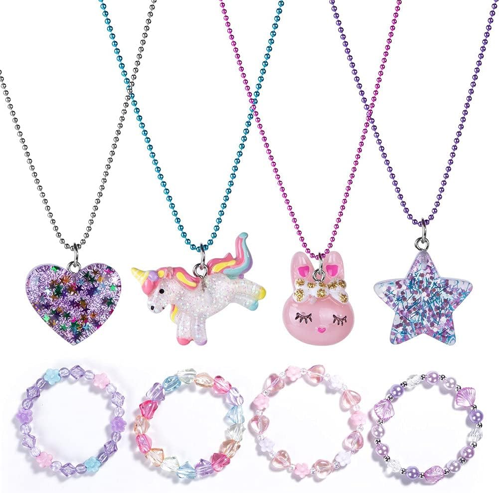 Maelovebunny 8pcs Kids Jewellery Sets, Girls Unicorn Necklace and Bracelet,Girls Neclaces Bracelets,Princess Dress Up Jewellery,Toddler Kids Play Necklace Bracelet Set