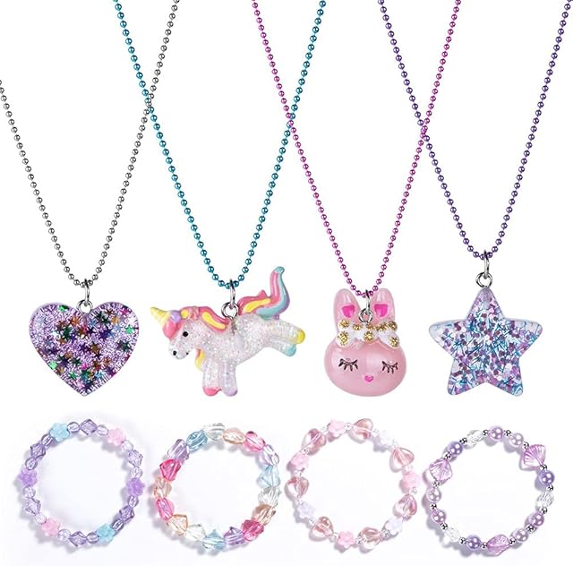 8pcs Kids Jewellery Sets, Girls Unicorn Necklace and Bracelet,Girls Neclaces Bracelets,Princess Dress Up Jewellery,Toddler Kids Play Necklace Bracelet Set