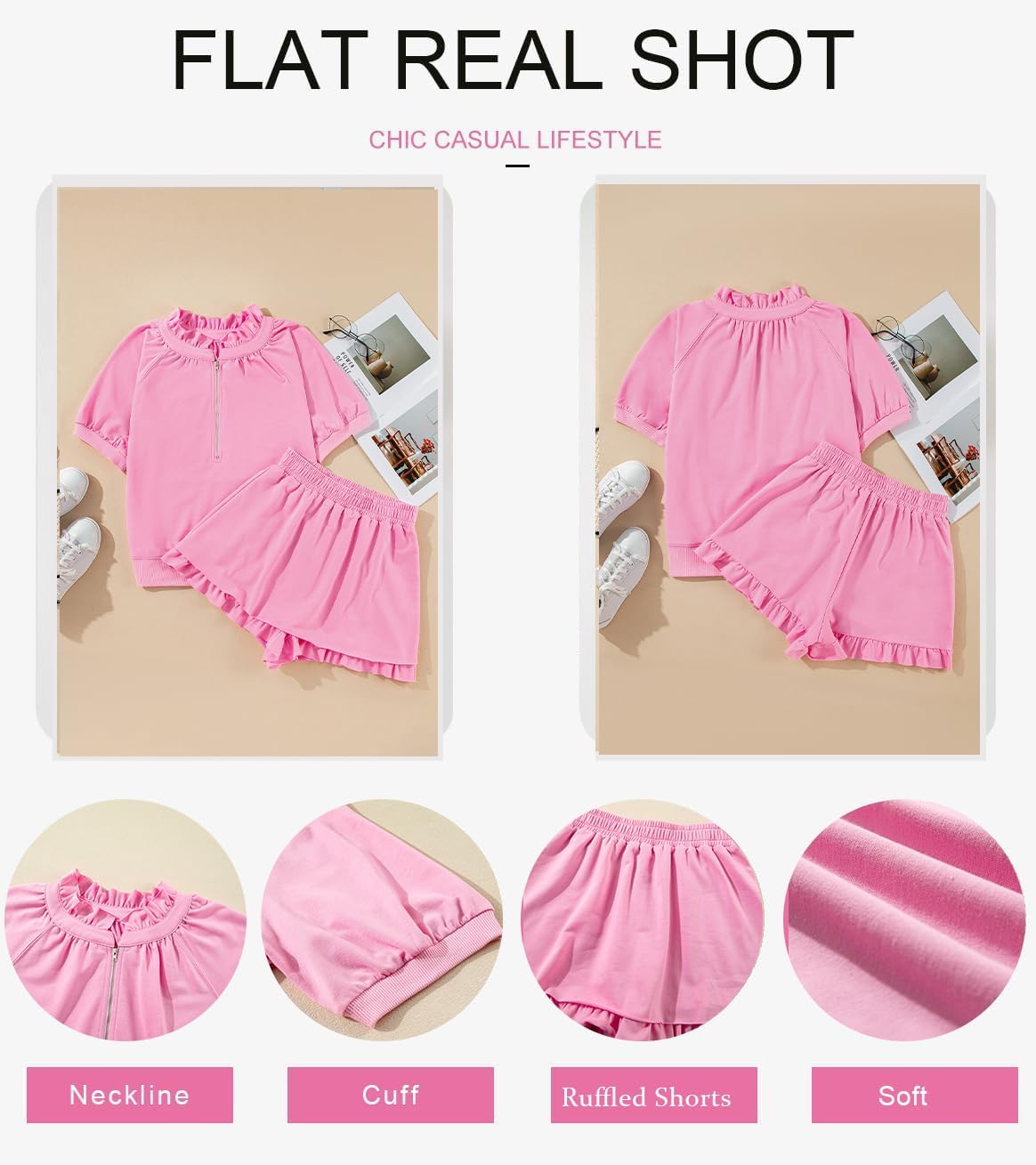 KevaMolly Women's 2 Piece Lounge Sets Casual Short Sleeve Outfits Half Zip Puff Sleeve Top and Ruffled Shorts Set