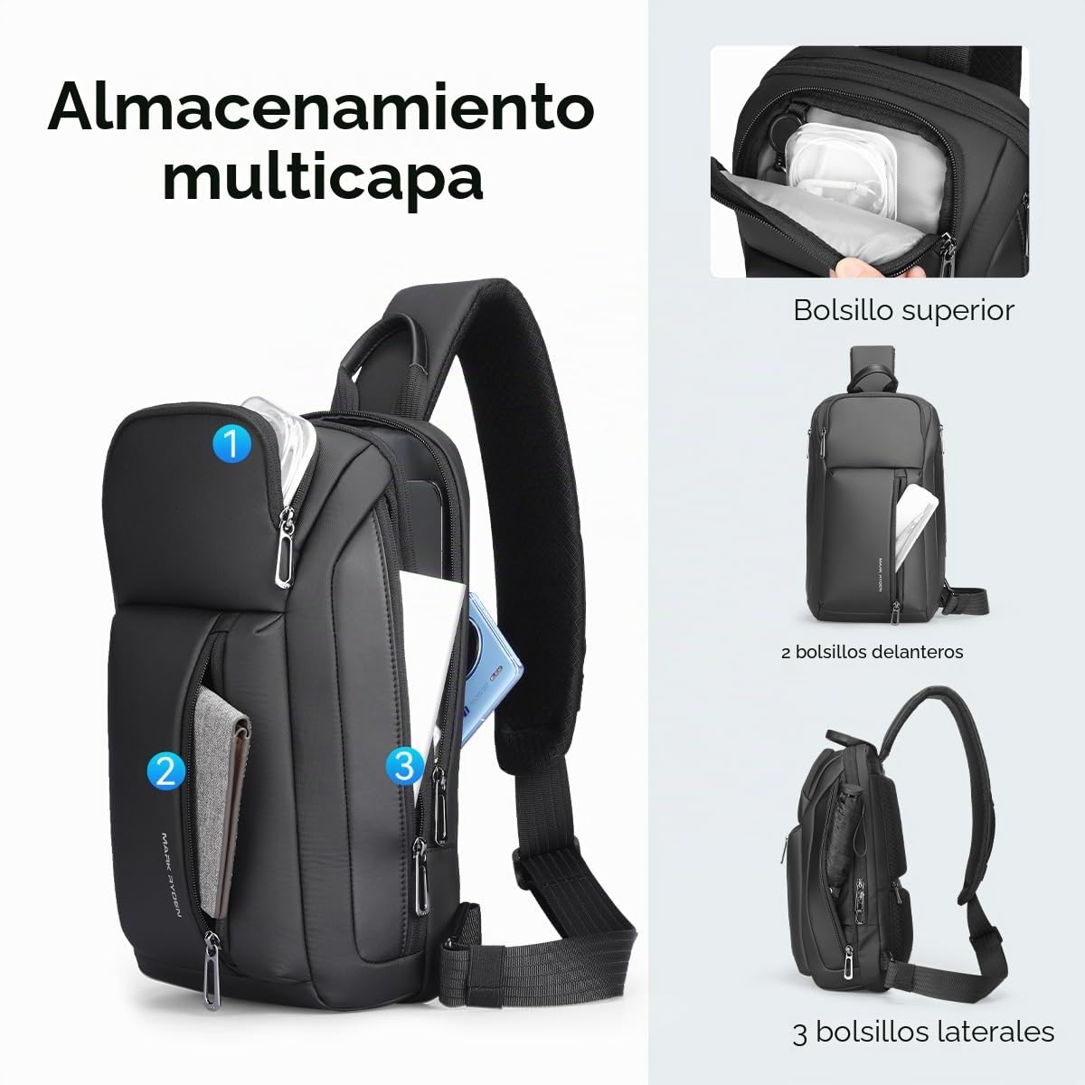 MARK RYDEN Bolso bandolera para hombre, grande, varios bolsillos, bolsillo en el pecho, para iPad de 11 pulgadas