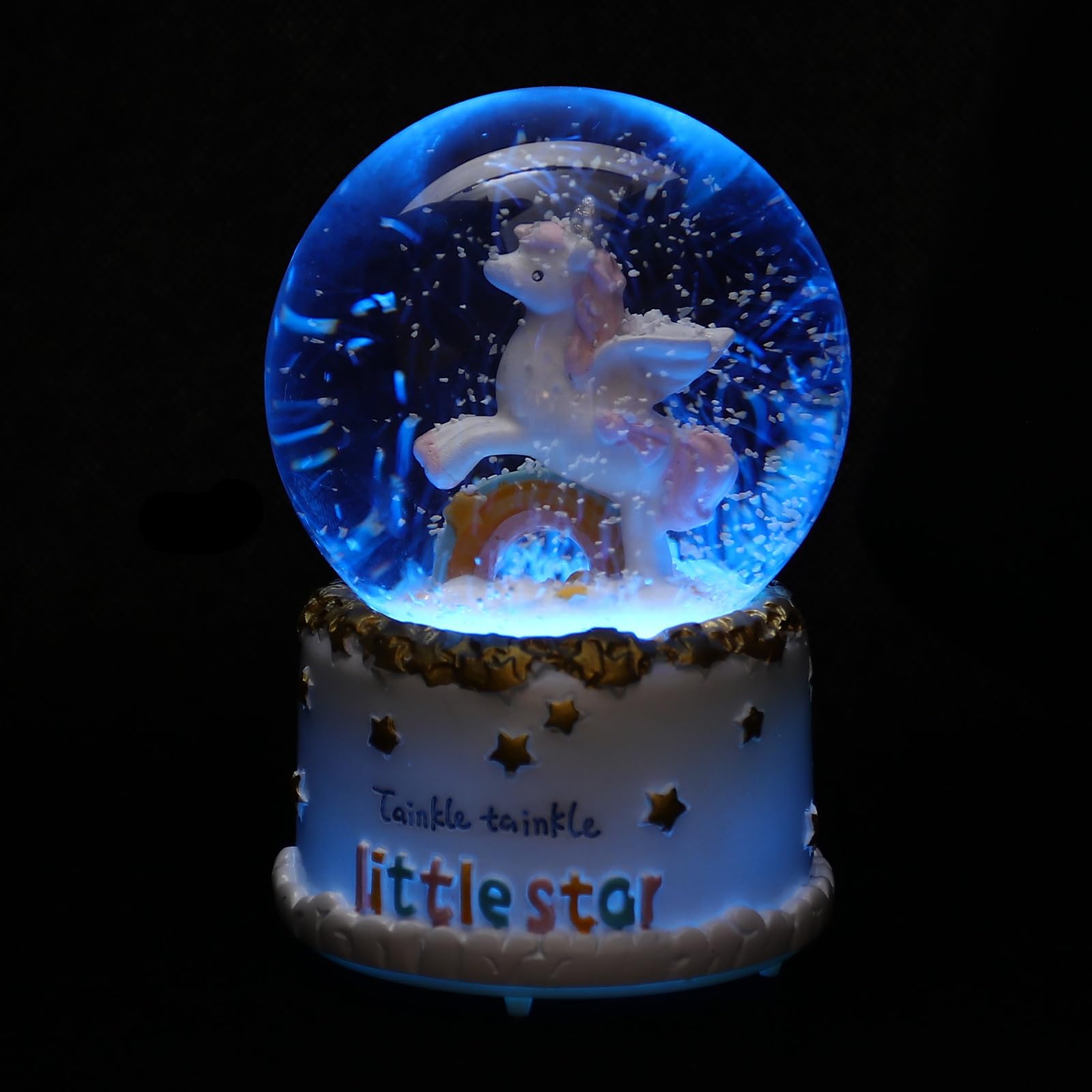Boîte à musique boule de cristal licorne en verre et résine avec veilleuse bureau