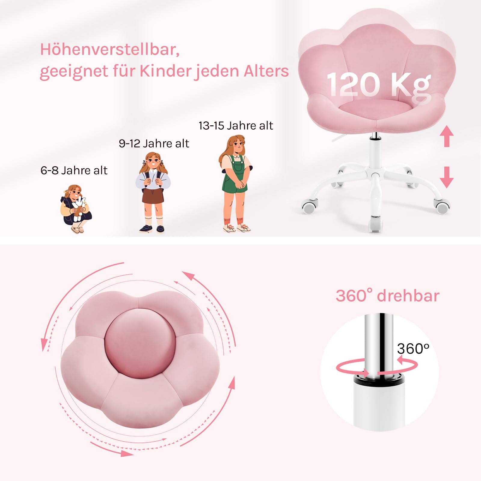 WOLTU Kinder Schreibtischstuhl, Schminktisch Stuhl, Bürostuhl, ergonomisch, höhenverstellbar, Samt, für Kinderzimmer, Homeoffice, Hellrosa