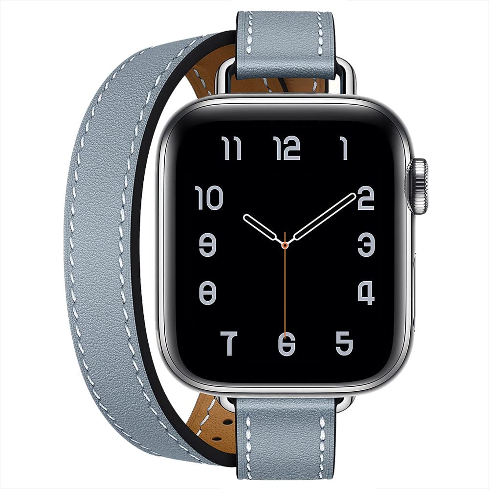 Bracelet Cuir Apple Watch Double Tour Bleu Lin, Le Cadeau Idéal pour Femme iWatch Série 11