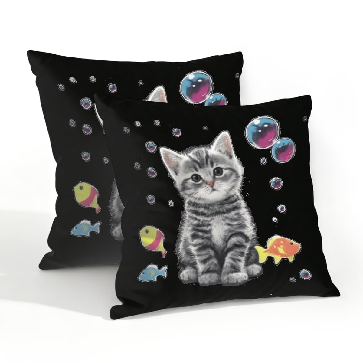 Outdoor Pillow Covers Waterproof Pillowcases 20x20in Set of 2 Cute Tabby Kitten Cat Fish On Black Decorative Throw Cushion Case for Couch Sofa Garden Patio Furniture