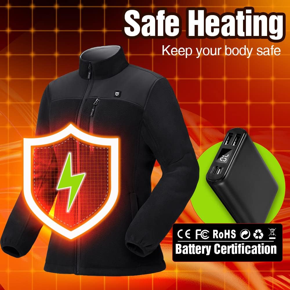 TIDEWE Women’s Heated Jacket Fleece with Battery Pack, Rechargeable Coat for Hunting (Black, Camo, Size S-XXL)