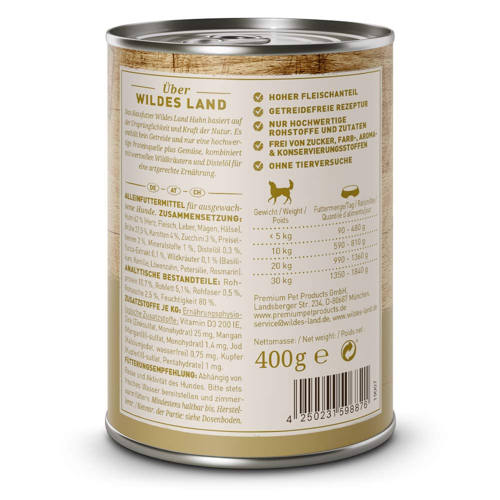 WILDES LAND – Huhn | Nassfutter mit extra hohem Fleischanteil und natürlichen Zutaten für ausgewachsene Hunde. Alleinfutter ohne Zusatzstoffe in der Dose | 24x400g Huhn