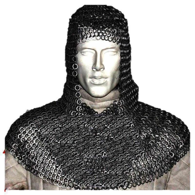 Image of AnNafi Chainmail Coif U-Neck Chain Mail Hood | Medieval Templar Crusader Re-enacment Armor Costume Halloween