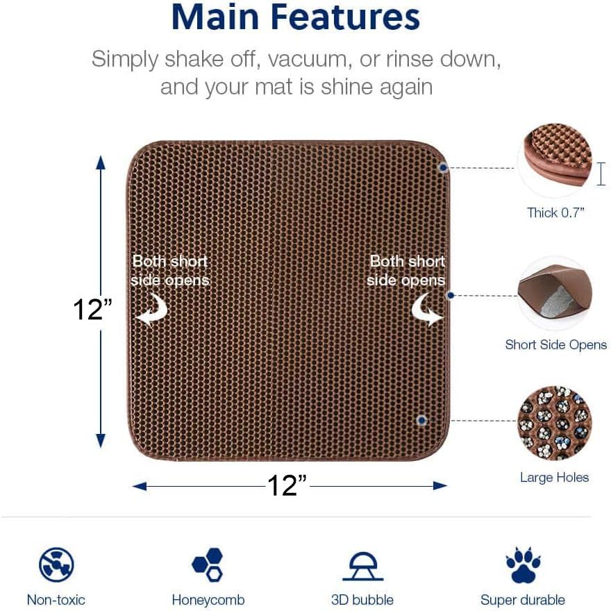 Image of Cat Litter Mat 12x12 Inch - Double Layer Open Edge Design, Waterproof & Urine Proof, EVA Material, Durable and Washable Litter Trapping Mat (Brown)
