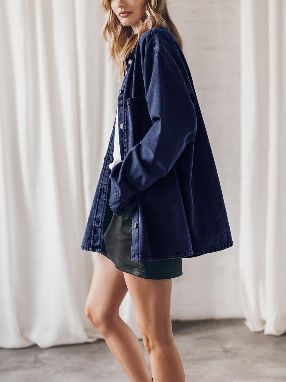 PLNOTME Womens Oversized Jean Jacket Casual Button Up Denim Overshirt Trendy Long Sleeve Denim Jacket Coat