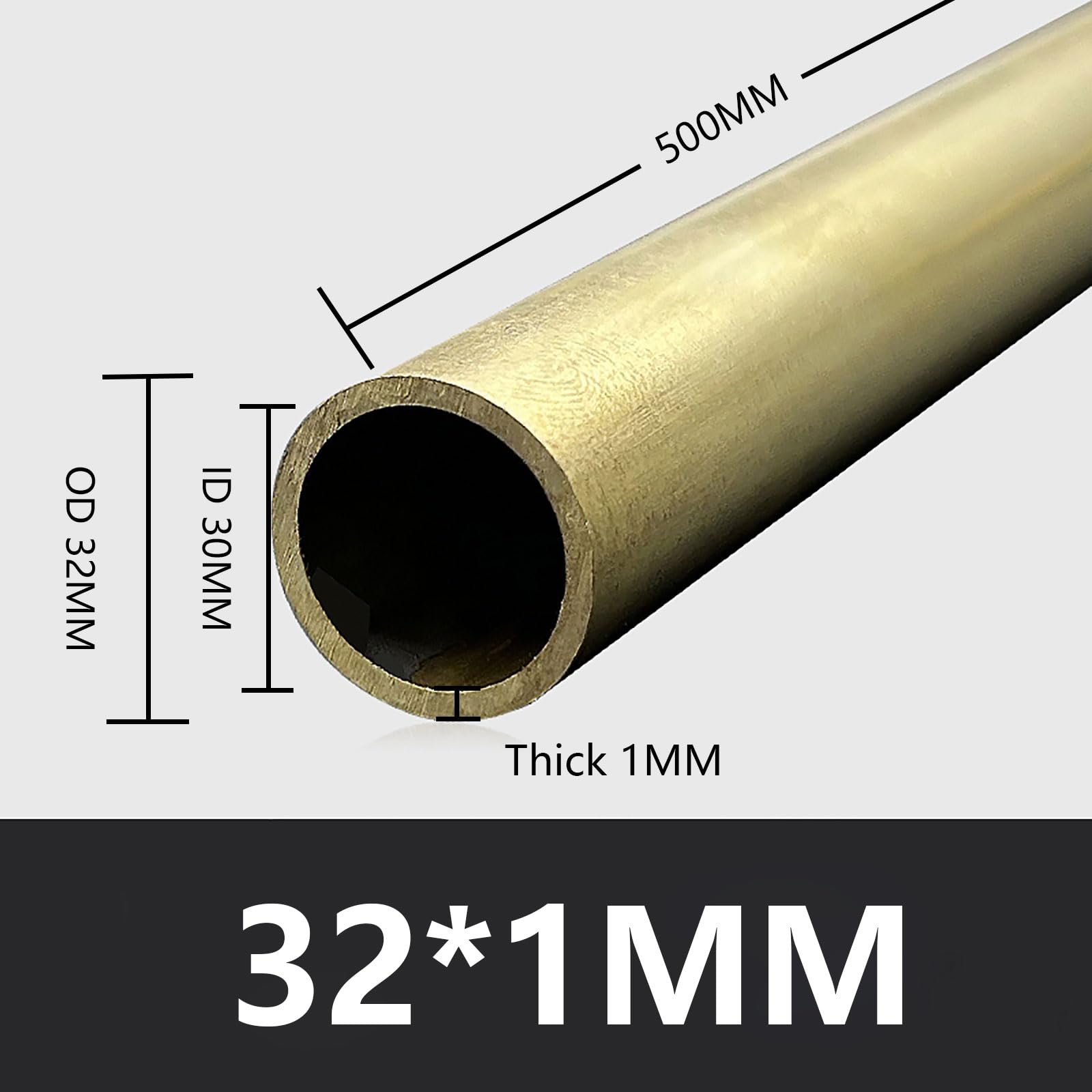 Rundes Messingrohr, 32 mm Außendurchmesser, rundes Messingrohr, 1/1,5/2/3 mm Wandstärke × 500 mm Länge, hochfestes, gerades Präzisionsrohr(32 * 1mm)