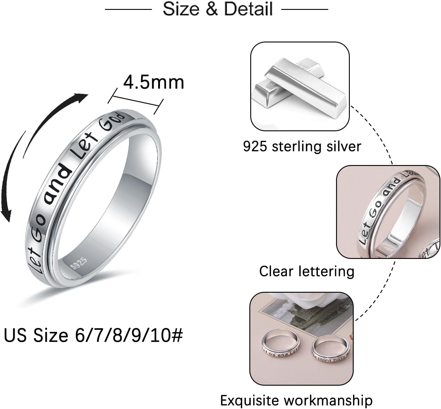 925 Sterling Silver Spinner Rings for Women Faith Over Fear Ring Anxiety Ring Cross Faith Jewelry for Daughter Christian Rings Fidget Rings Teen Girls Mother Size 6/7/8/9/10