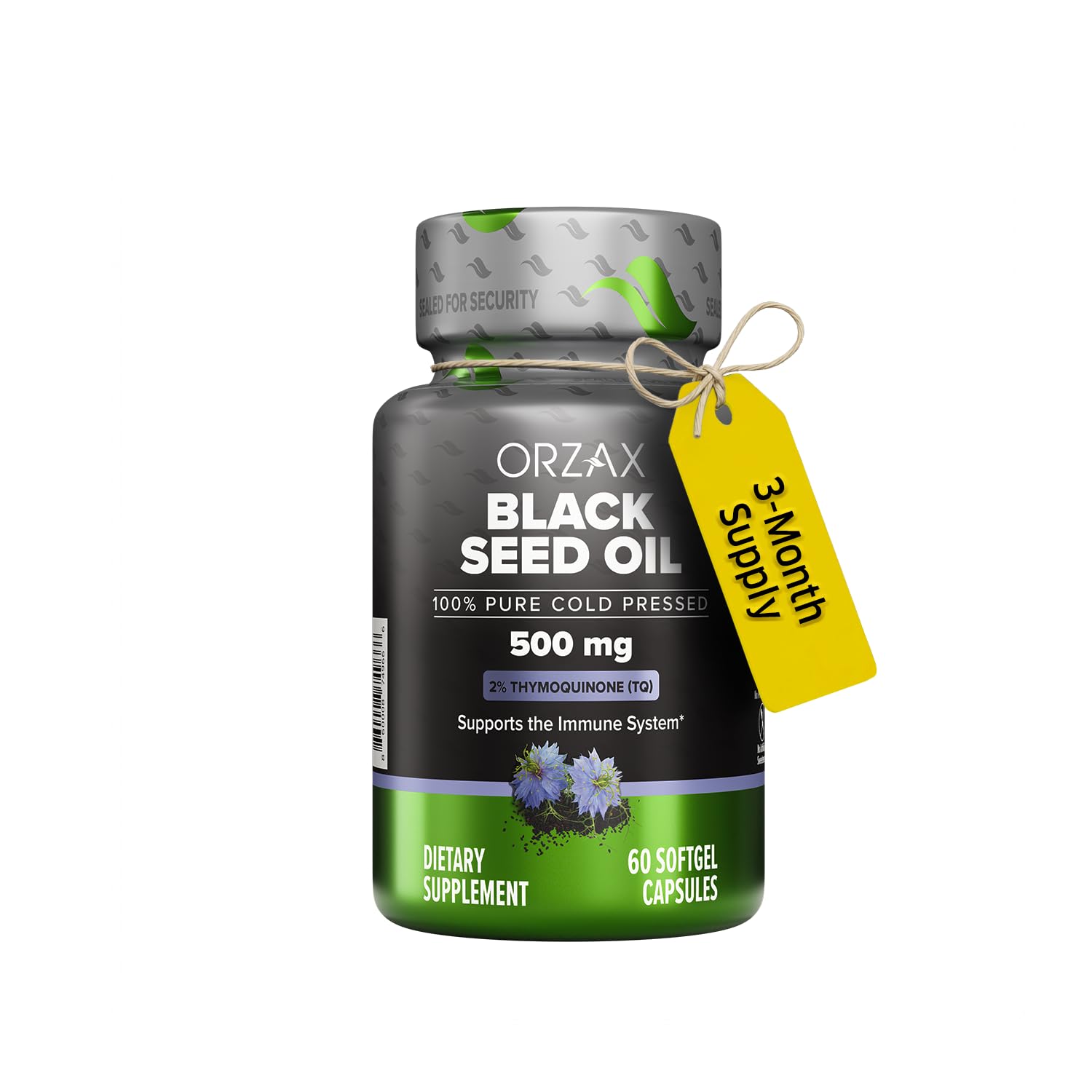 ORZAX Black Seed Oil Cold Pressed 100% Pure | Non-GMO - Rich in Omega 3 6 9 & Thymoquinone | Black Cumin Nigella Sativa Oil for Immune Support, Hair, Skin, Face (500 mg - 60 Softgel Capsules)