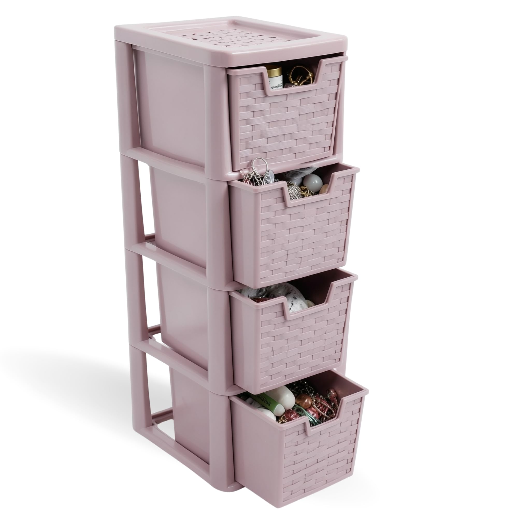 ALEEZ - 4 Drawer Plastic Storage Unit - Space Saving Multipurpose Medium Drawers - Rattan Design Home Office Storage Durable Draws - Tabletop, Desktop Drawers (Pink, 4 Tier)