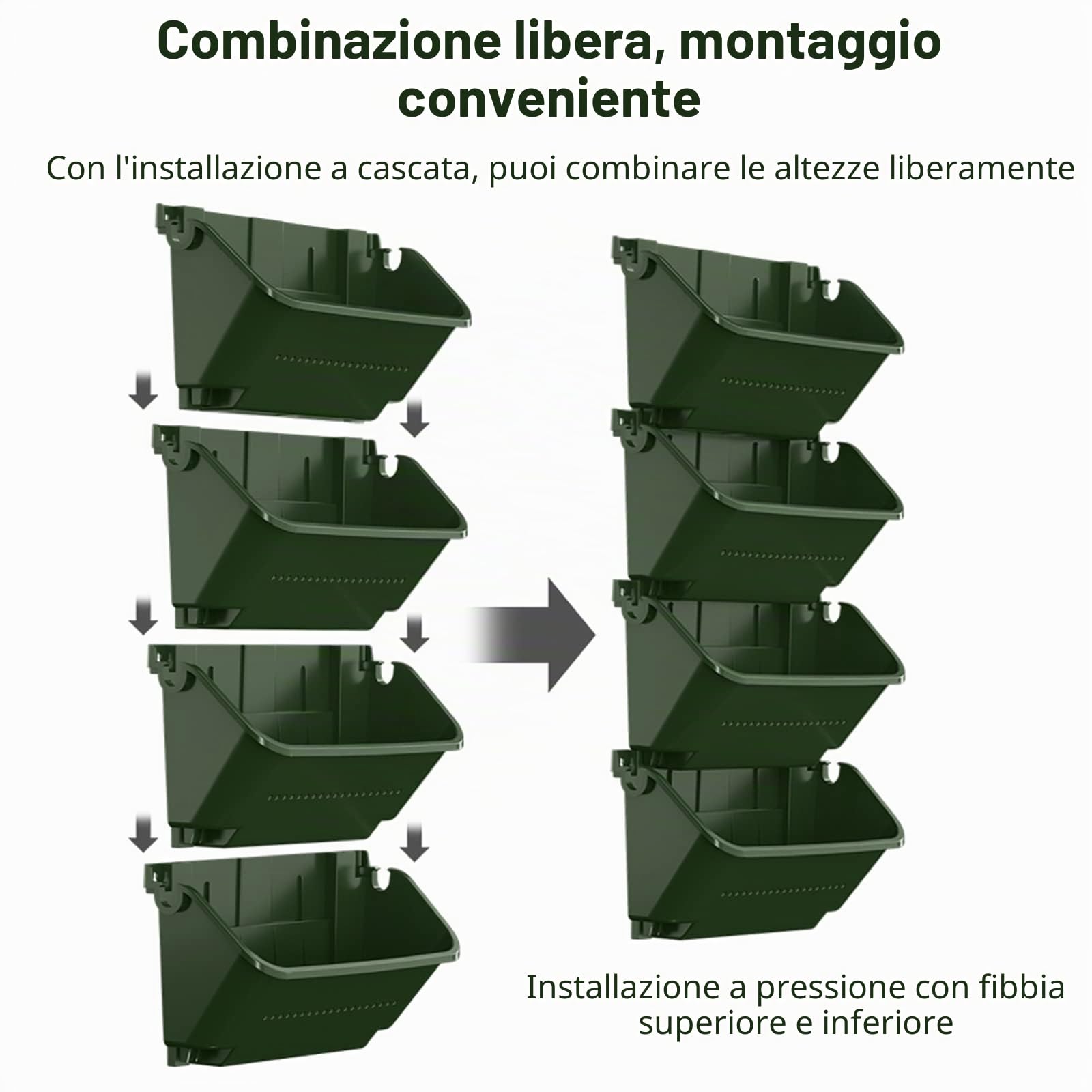 MENAYODA – Set di 4 vasi da parete verticali – Borse per piante sospese – con irrigazione automatica – per interni ed esterni – Verde scuro – per interni ed esterni – Balcone