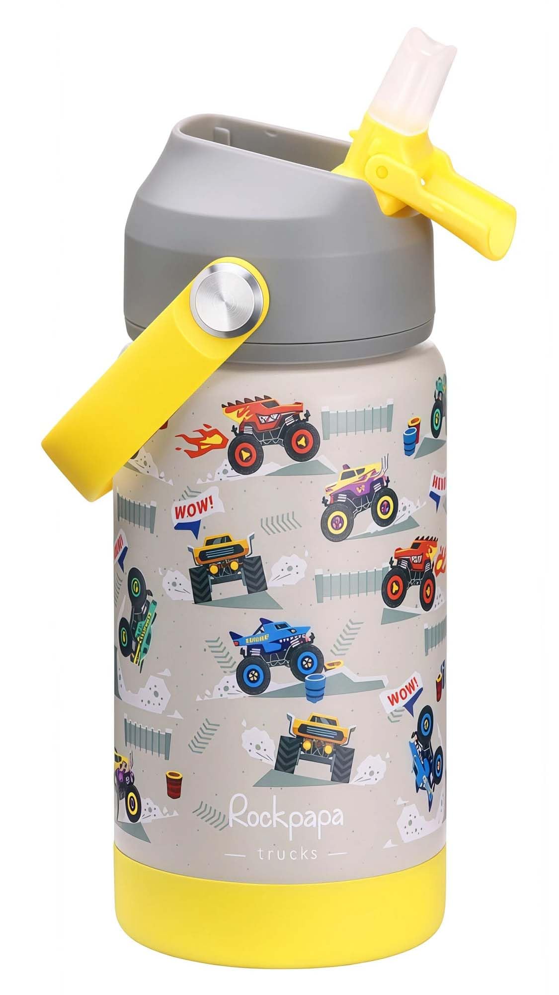 Rockpapa Kids Insulated Water Bottle with Straw, BPA-Free, 18/8 Stainless Steel, Leak Proof, 14OZ Metal Cup Water Bottle for School Boys Girls (Grey Trucks)