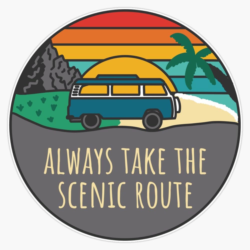 Always Take The Scenic Route Campervan Landscape Retro Illustration Sticker Vinyl Waterproof Sticker Decal Car Laptop Wall Window Bumper Sticker 5"