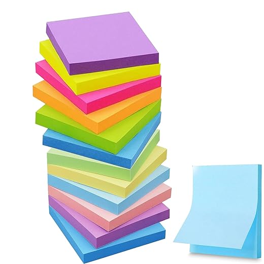 Sticky Notes 3x3 Inches, 12 Pads Bright Colors Sticky Notes,Colorful Sticky Notes, Self-Stick Note Pads, Sticky Notes Bulk - 12 Pads,50 Sheets/Pad (12Pack)