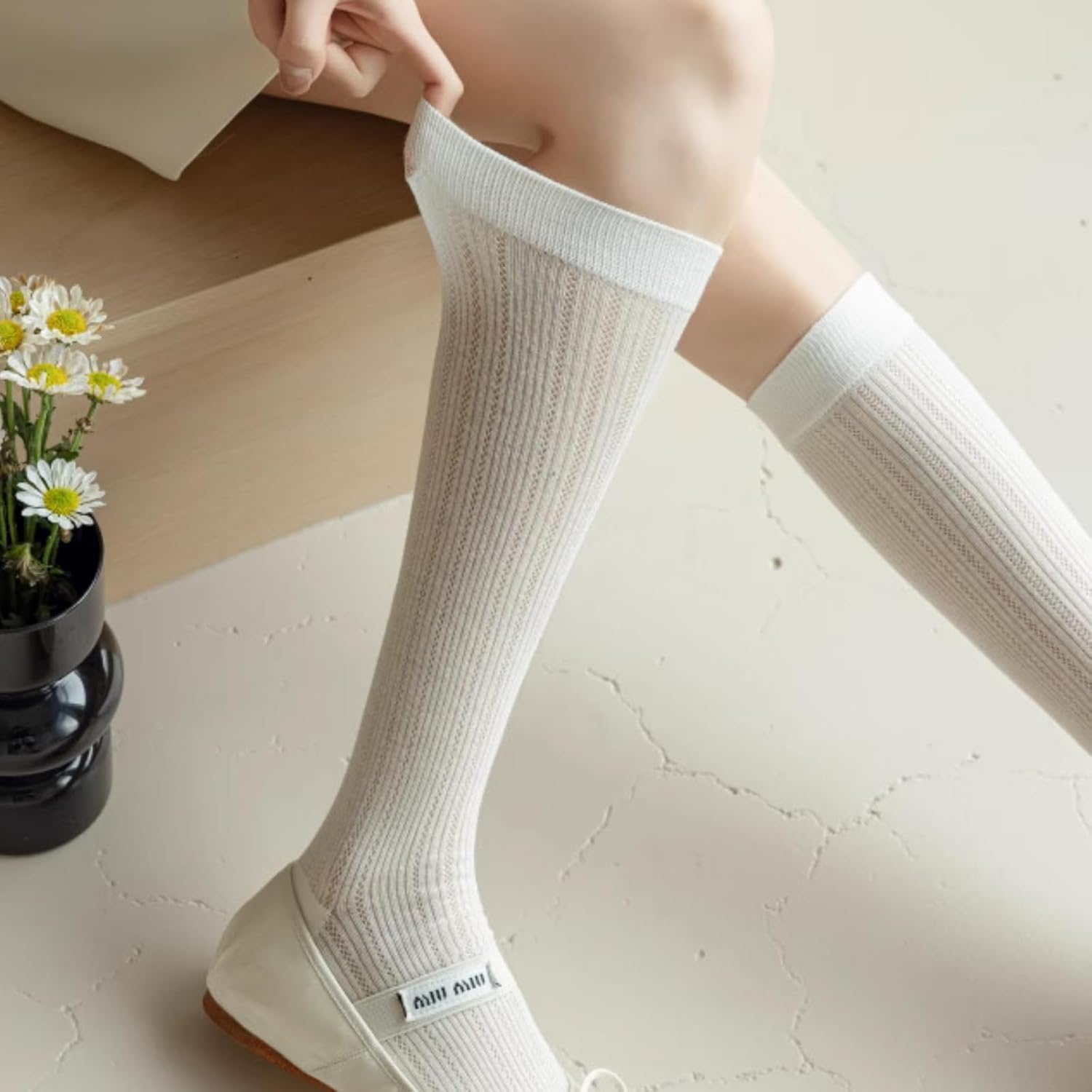 4 Pairs Women's Summer Cotton Socks, Ballet-Inspired Thin Mesh Netted Knee-Highs Ruffle Socks - Image 4