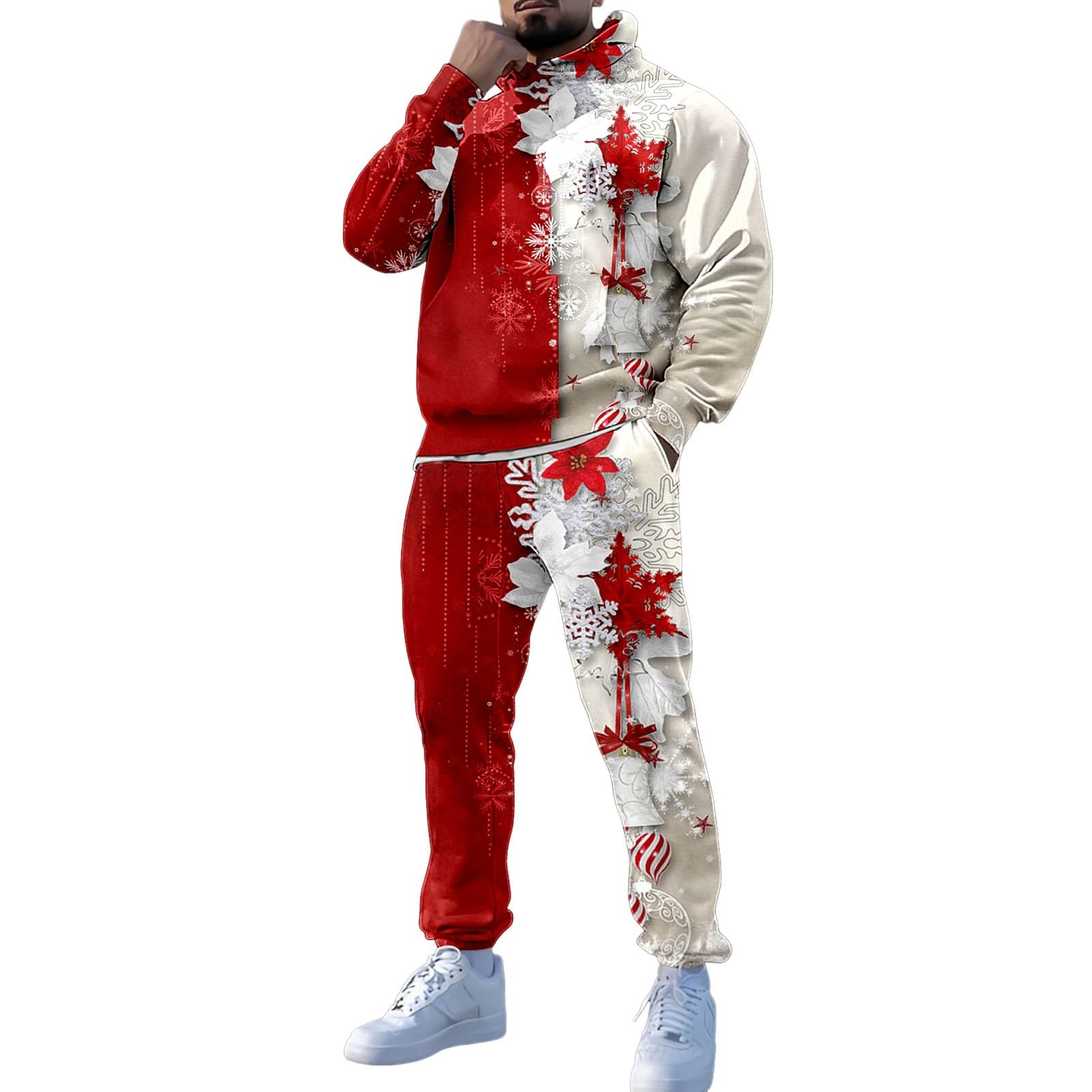 Survêtement De Noël Pour Homme 2 Pièces - Sweat à Capuche Et Pantalon Jogging Imprimé Père Noël 3D - Tenue Festive
