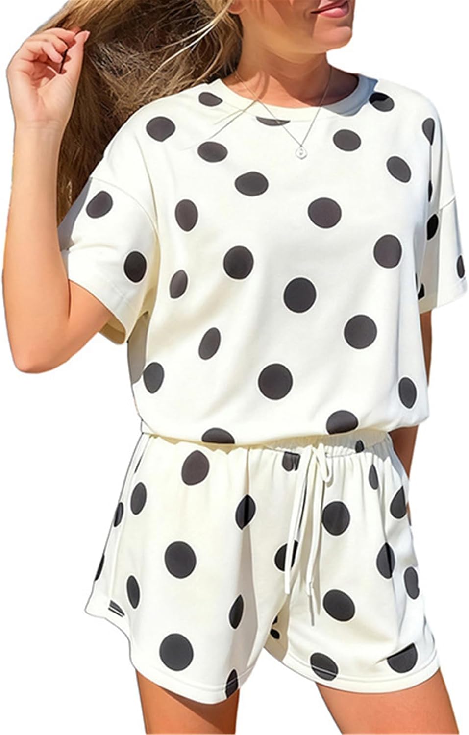 Qikaka Women's 2 PCS Polka Dots Printed T-shirts Tops Bodycon Shorts Sexy Nightclub Party Tracksuit Outfits Set