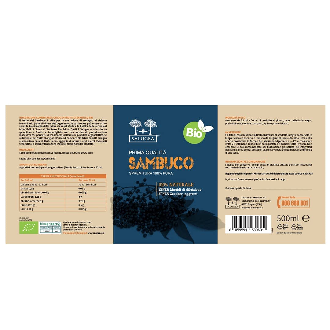 SUCCO DI SAMBUCO BIO Salugea - 100% Puro e Biologico - Integratore Fluidificante per le Vie Respiratorie, Antiossidante, Diuretico e Depurante - Flacone in Vetro Scuro - 500 ml