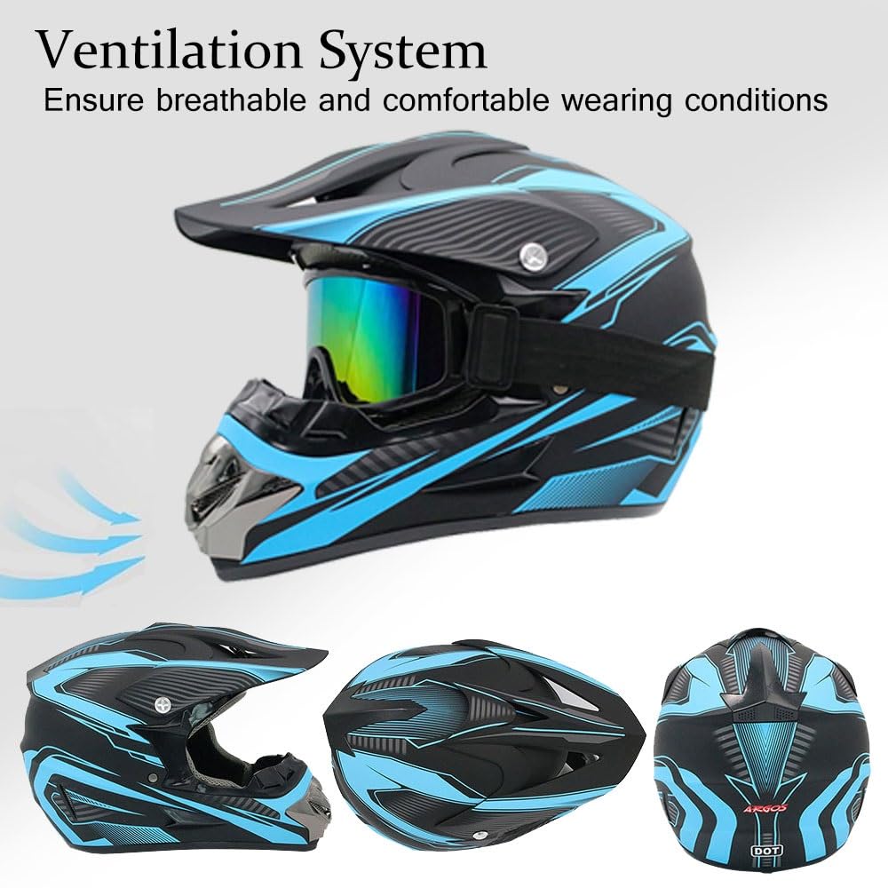 Casque de Motocross Pour Enfants, Casque de Vtt IntéGral Avec Lunettes, Masque Et Gants, Casque de Moto Quad Pour Jeunes Enfants, Homologué DOT(Blue lines,L(56-57cm))