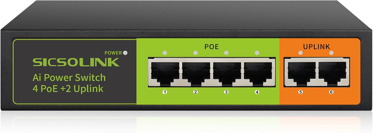 6 Ports PoE+ Switch, 4 PoE+ Ports, 2 Uplink, IEEE 802.3af/at, Total 65W, 100Mbps, Unmanaged, Metal case, Suitable for IP Cameras,Networking Devices & Home Office. 6 Ports PoE+ Switch, 4 PoE+ Ports, 2 Uplink, IEEE 802.3af/at, Total 65W, 100Mbps, Unmanaged, Metal case, Suitable for IP Cameras,Networking Devices & Home Office.