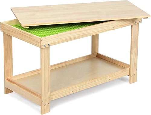 Costzon Mesa de actividades 2 en 1 para niños con almacenamiento, tabla de bloques de construcción patentada con tablero para dibujar ladrillos,