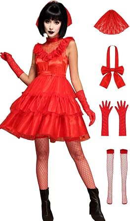 Lydia Costume Women Red Wedding Dress Deetz Bride 80s Halloween Cosplay Gothic Outfit with Veil Gloves