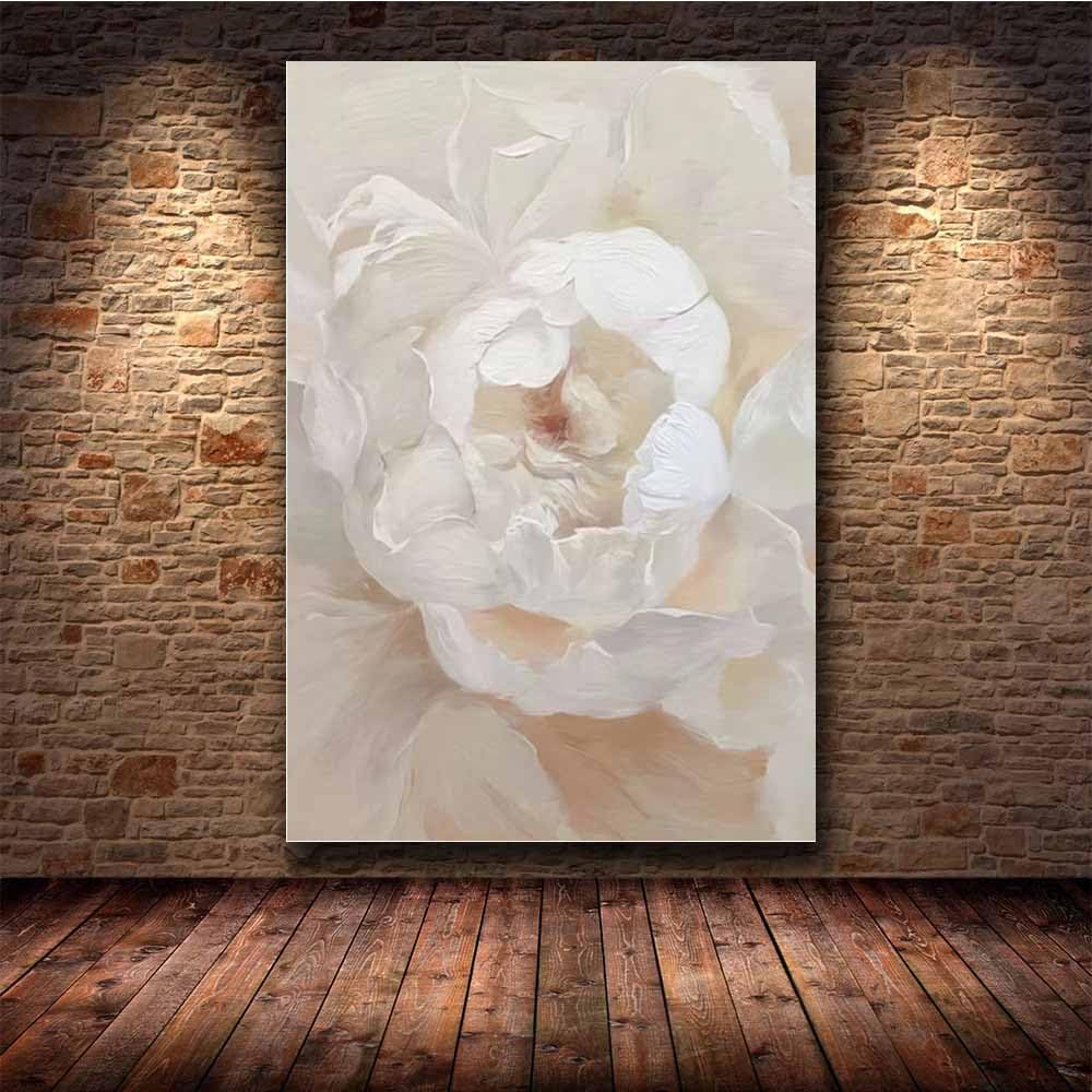 QUSAAOU Abstrakt Kunst Creme Elfenbein Weiße Pfingstrose Blume Wandkunst Drucke,Leinwand Wandbilder,Moderne Wohnzimmer Wanddeko Abstrakte,Boho Schlafzimmer BüRo(Ivory)-50x70cm Gerahmt