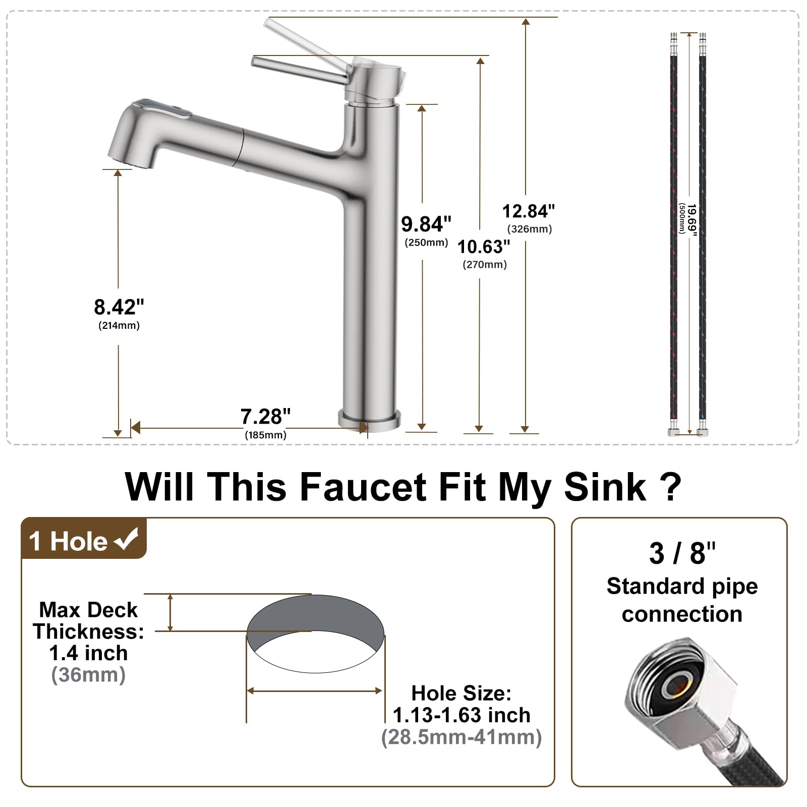 HURRAN Grifo Lavabo, Grifo Lavabo Alto, Grifos para Lavabos de Baño Extraíble con 2 Modos de Caño, Grifo Baño Monomando de Acero Inoxidable, Níquel Cepillado