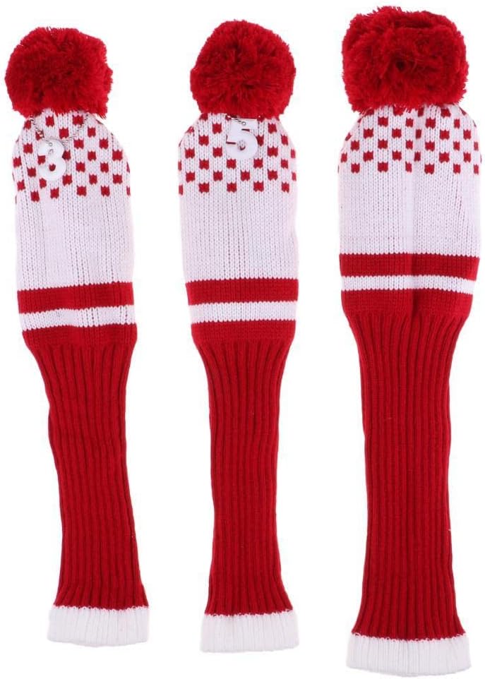 3Pcs Pom Pom Knit Golf Club Headcovers Set - Long Neck Driver Fairway Woods Head Covers - Elastic Band, Double Strength Knit Material - Shaft ion - Tag Numbers Included - Red