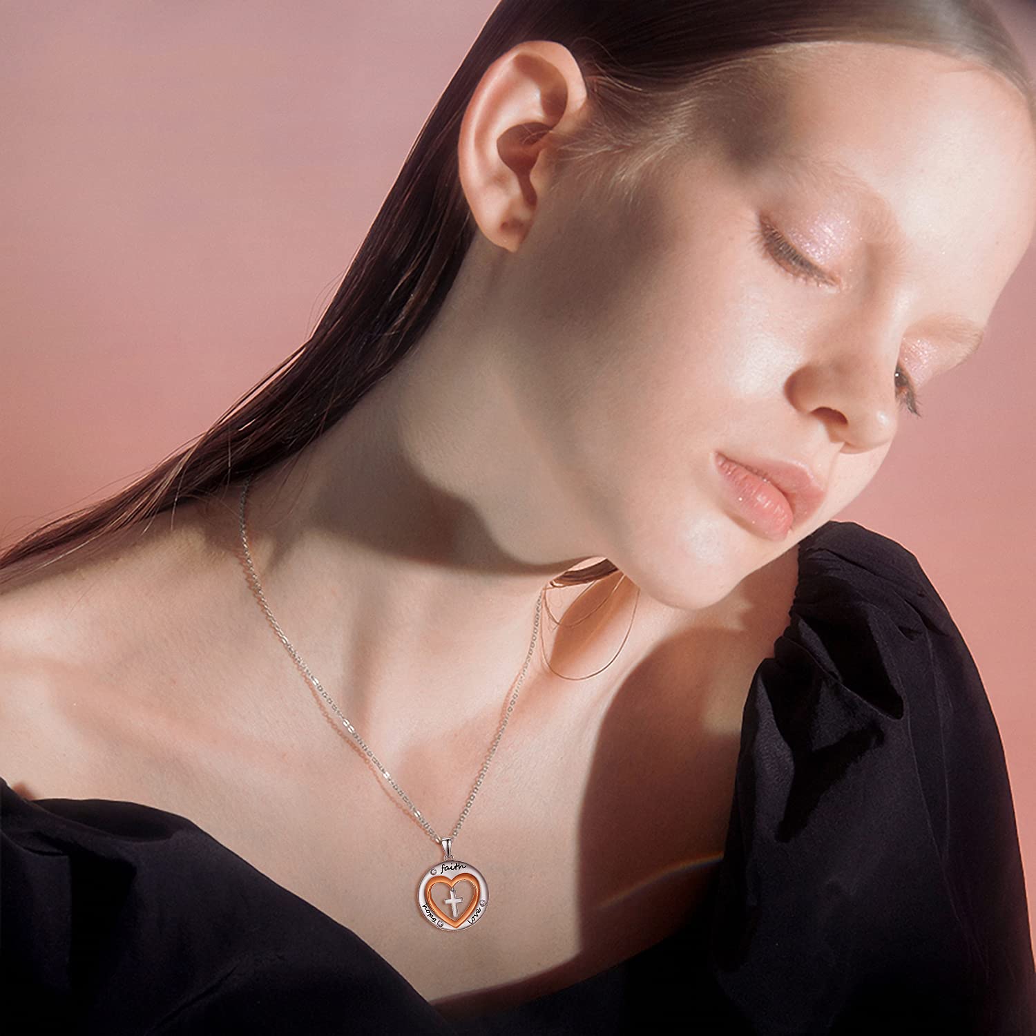 PRAYMOS Collar de cruz de plata de ley 925 con colgante de corazón de cumpleaños para hombre y mujer, collar de joyería fina, regalos para mujeres, niñas, fe, esperanza, amor