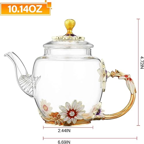 Miniatura 2 de Tetera de vidrio de 10 onzas líquidas  Decoración de mariposa de rosa azul, tetera de vidrio resistente al calor, tetera de hojas sueltas, tetera