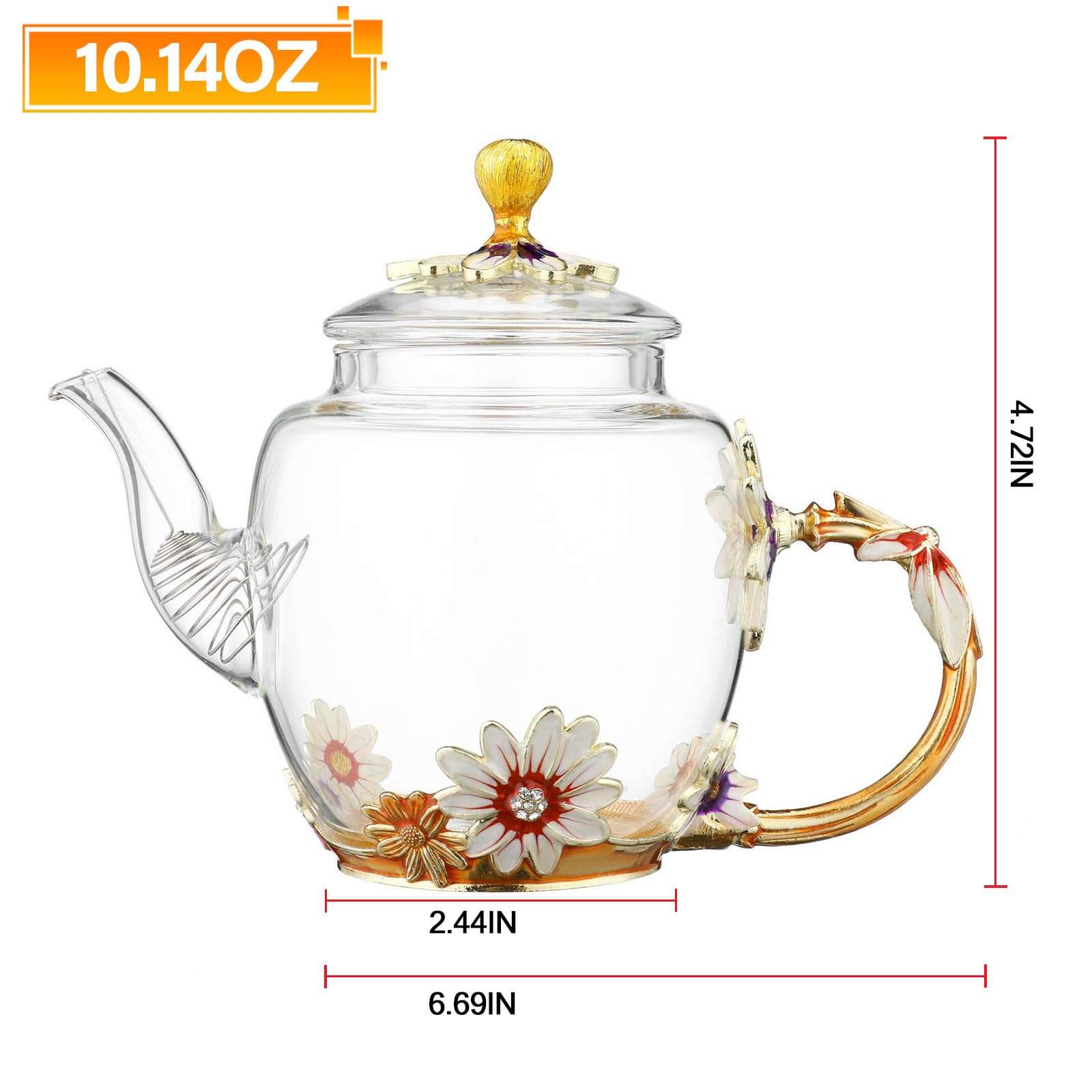 Glass Teapot -300 ml (10 oz) - Blue Rose Flower Butterfly Decoration Heat Resistant Glass Teapot Kettle Loose Leaf Teapot Tea Party Set (Deep coffee color)