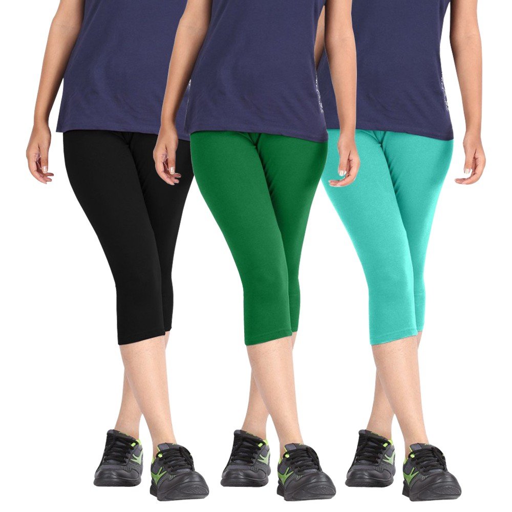 pixie fashion Biowashed Cotton Stretchable Capri Legging Combo Pack of 3 for Women/Girls/Ladies (Black, Green, Turquoise) - Free Size-picture-45